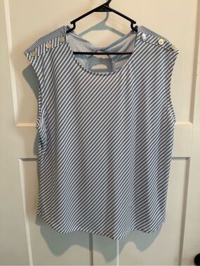 T.J.Maxx Blue and White Striped Button-Shoulder Sleeveless Top
